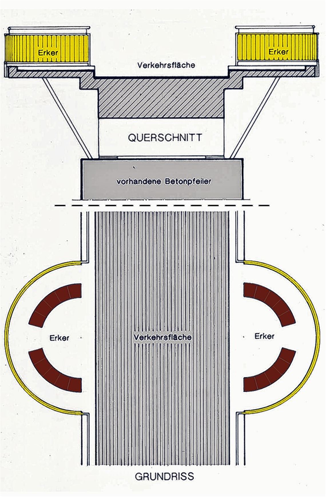 Idee Gottwald: Zwei halbrunde Erker ruhen auf dem Betonpfeiler des Stegs.