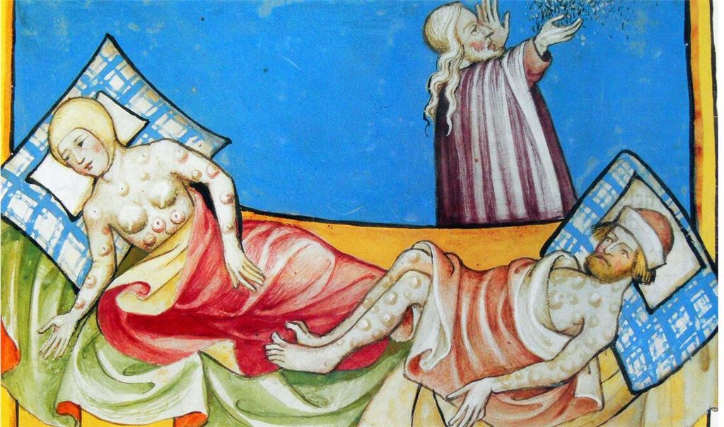 Illustration des Schwarzen Todes aus der Toggenburg Bibel, um 1411.