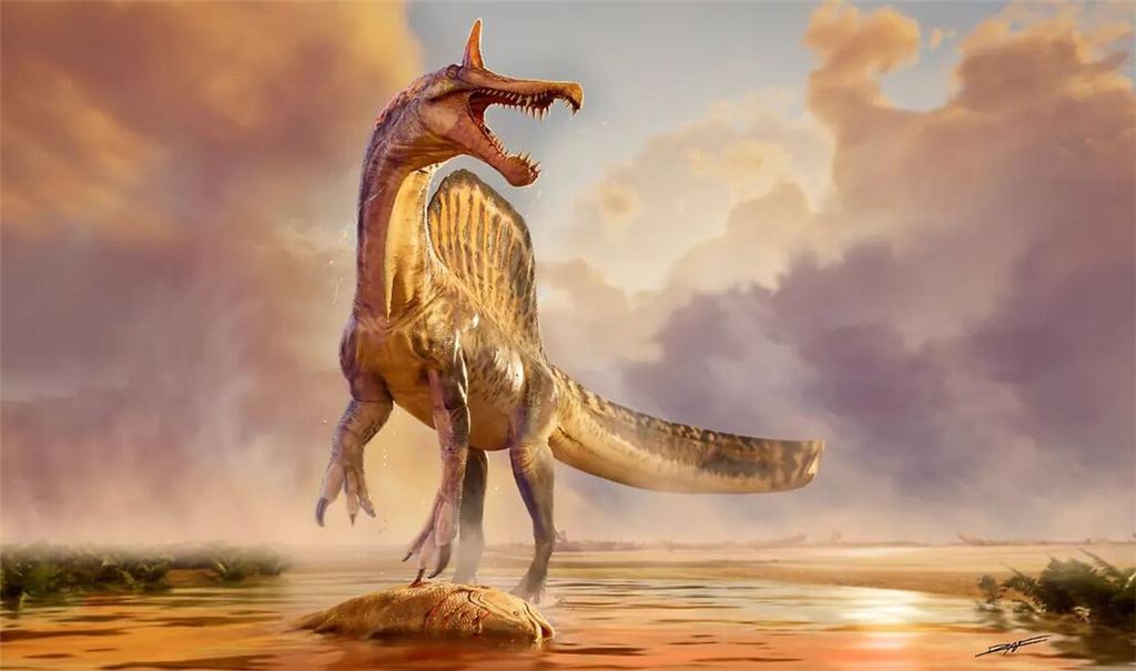 Illustration eines Spinosaurus mirabilis am Ufer eines Flusses im heutigen Niger, wo sich heute die Sahara-Wüste befindet.