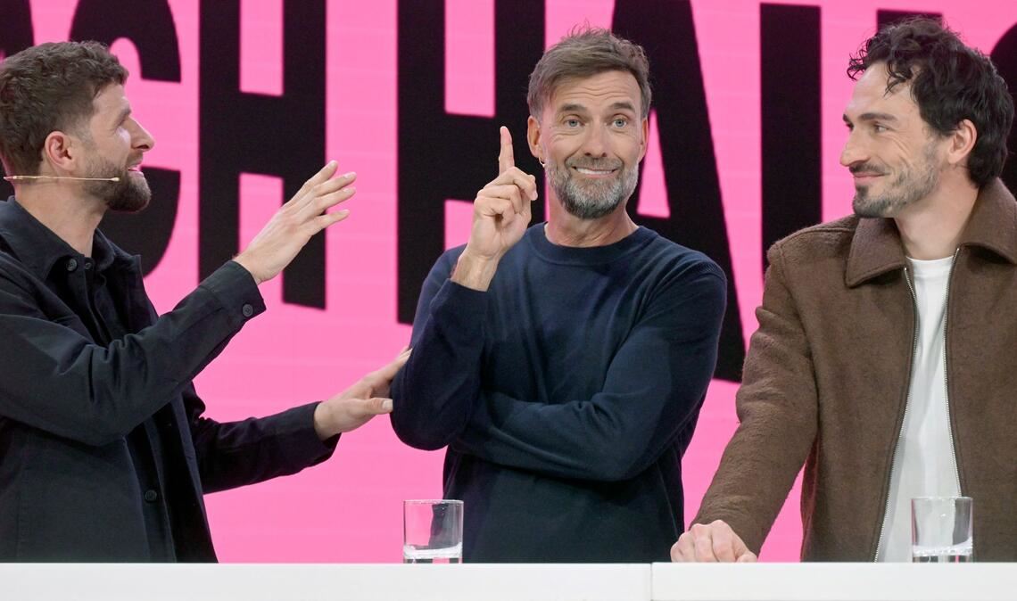 Illustre Telekom-Experten für die WM: Thomas Müller (l), Jürgen Klopp (M) und Mats Hummels.