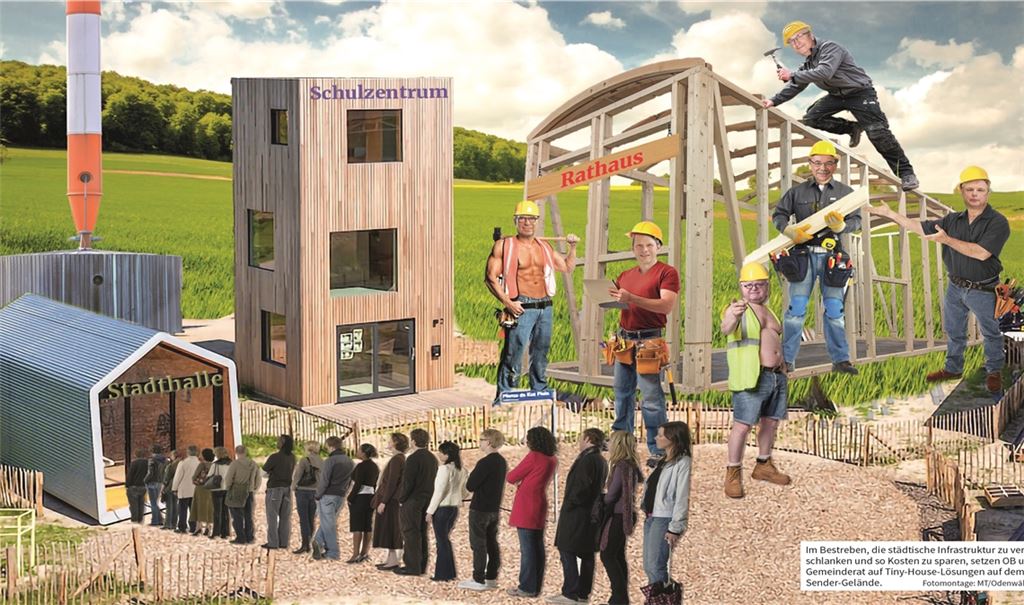Im Bestreben, die städtische Infrastruktur zu verschlanken und so Kosten zu sparen, setzen OB und Gemeinderat auf Tiny-House-Lösungen auf dem Sendergelände. Fotomontage: MT