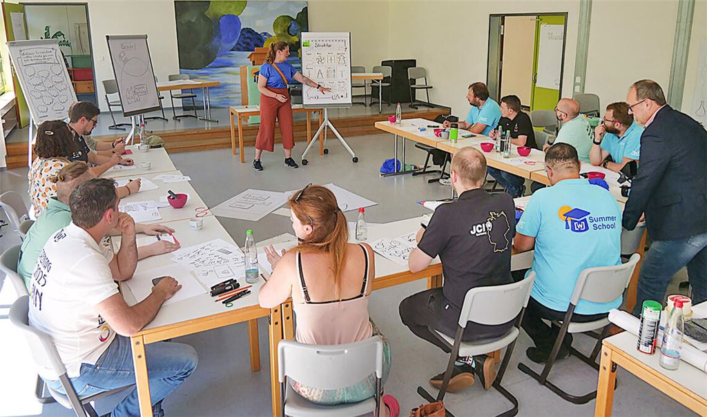 Im Training „Flipchart-Kickoff“ lernen die Teilnehmer(innen) der „Summer School“ unter anderem, komplexe Inhalte klar und visuell ansprechend zu präsentieren. Foto: Friedrich