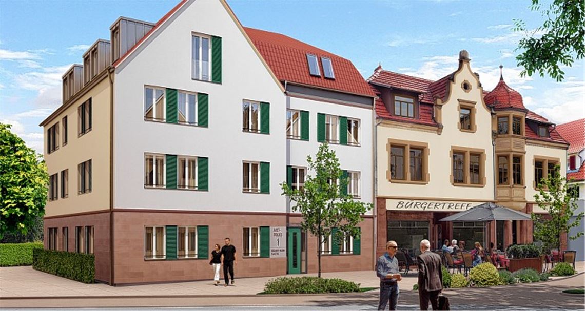 Im historischen Ortskern von Dürrmenz entsteht eine Wohnanlage für ältere Menschen. Im ehemaligen Gebäude „Eisen-Schuler“ soll ein Bürgertreff entstehen.Animation: FWD