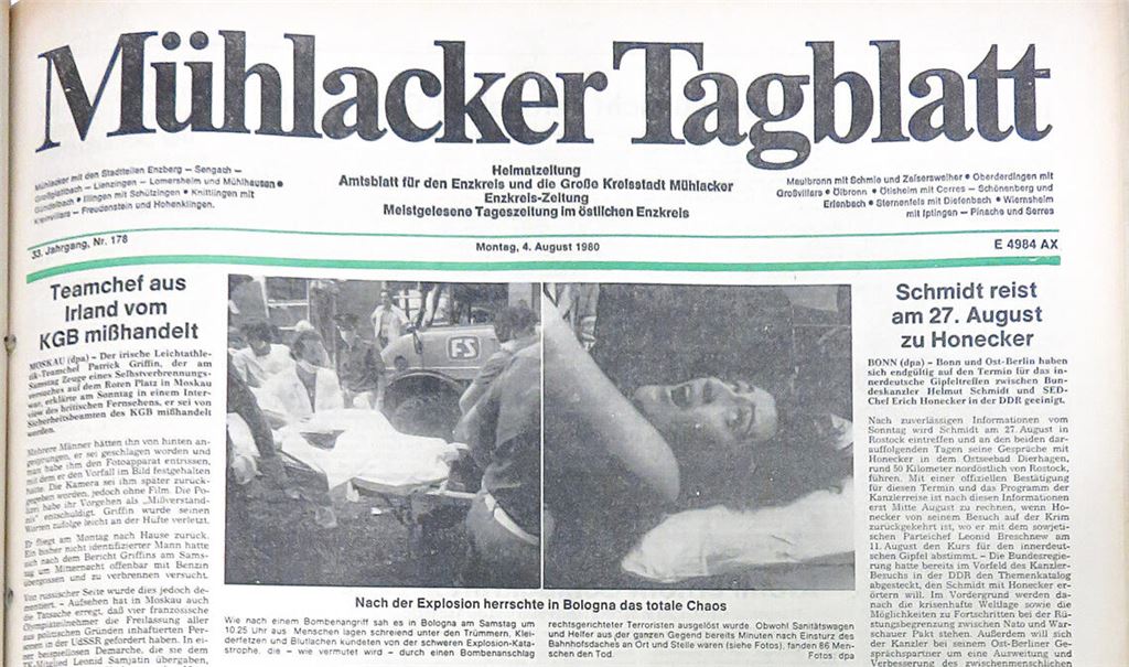 In Deutschland wirkt immer noch der Fall Schleyer nach. Aktuell für Bestürzung sorgt am 4. August 1980 ein Terroranschlag in Bologna.Fotos: Becker