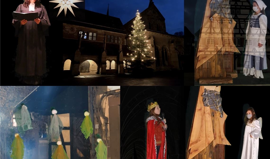 In Mühlacker und Maulbronn feiern die Kirchengemeinden digital: Hier Pfarrerin Christine von Wagner und Kinder der Kinderchöre beim effektvollen Krippenspiel in der Klosterkirche. Screenshots: Friedrich