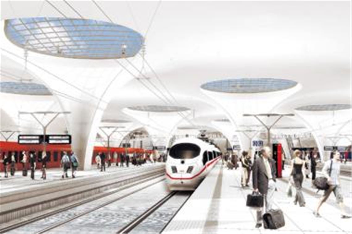 In Stuttgart wie im Umland umstritten: Der milliardenschwere Umbau des Stuttgarter Bahnhofs  hier eine Studie des neuen Tiefbahnhofs  hat am 2. Februar offiziell begonnen. In seinem Vortrag im Mühlacker Uhlandbau will Mister Stuttgart 21 Wolfgang Drexler die Vorzüge des Bahnprojekts den Menschen vor den Toren der Landeshauptstadt näher bringen. 
Visualisierung: Aldinger & Wolf