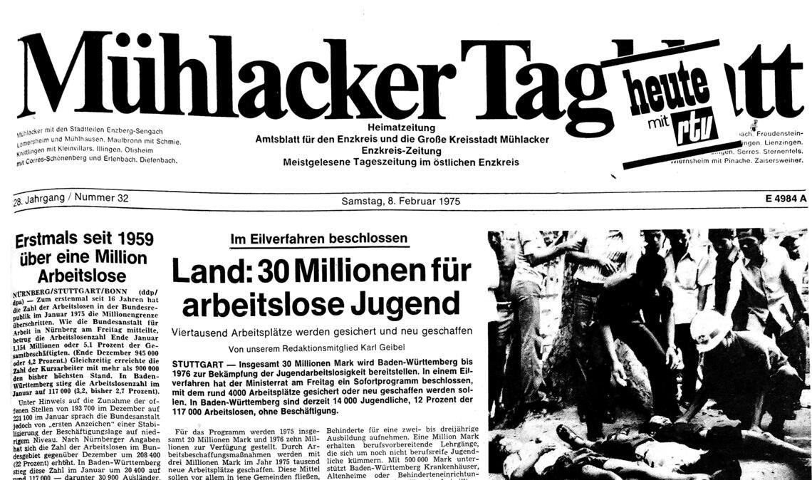 In der Ausgabe vom 8. Februar 1975 ist die gestiegene Arbeitslosigkeit das beherrschende Thema im überregionalen Teil. Viele Probleme weisen gewisse Parallelen zu heute auf. So stoßen Preissteigerungen auf Unmut, und die Beziehungen zu Moskau gestalten sich schwierig. Fotos: Becker