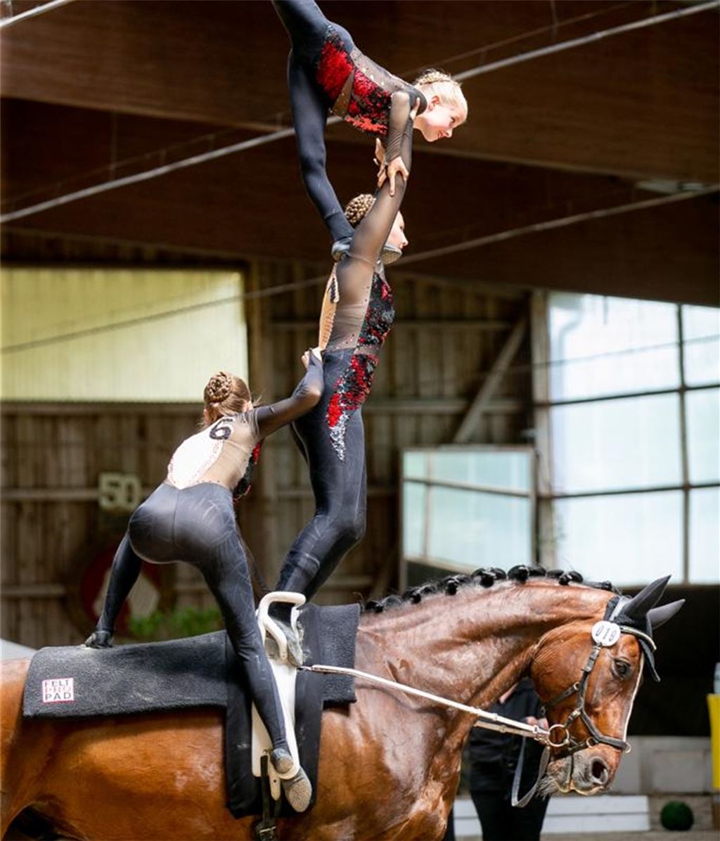 In der Leistungsklasse S zeigen die Voltigiererinnen aus Mühlacker ihre Kür auf dem Wallach Däumling. Foto: Baier