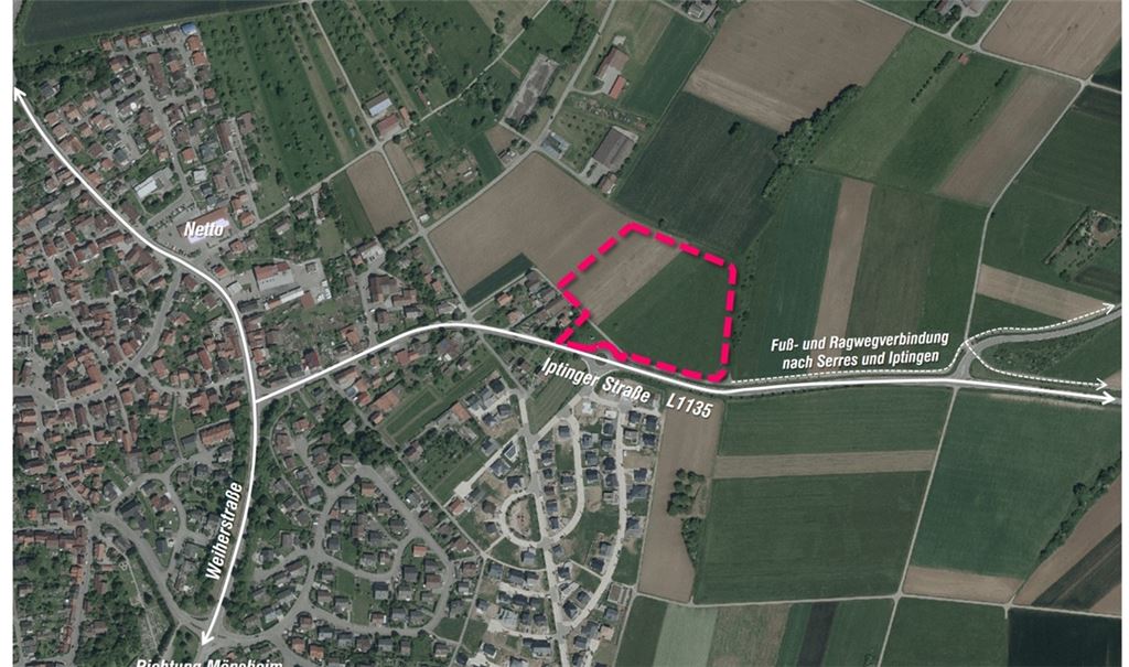 In der gestrichelten Fläche sind drei Einkaufsmärkte geplant, darunter ein Netto, der den heutigen in der Weiherstraße ersetzt. Abb.: www.wiernsheim.de