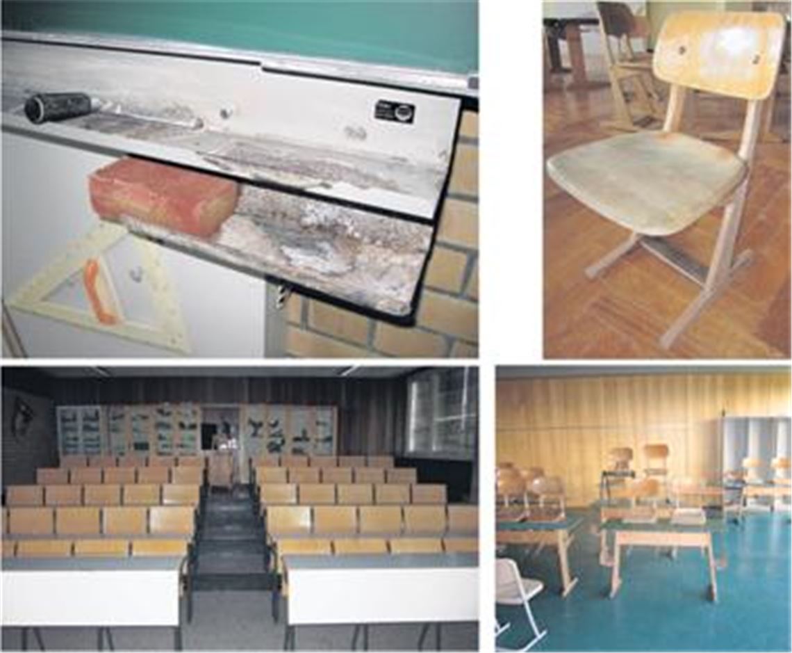 In die Ausstattung der Illinger Schule müsste dringend investiert werden (im Uhrzeigersinn von links oben): An vielen Tafeln nagt der Zahn der Zeit, etliche Stühle stammen noch aus den frühen 60er-Jahren,  naturwissenschaftliche Fachräume lassen nur Frontalunterricht und keine Schülerexperimente zu, in vielen Klassenräumen hat sich in den letzten Jahrzehnten 
wenig verändert. 
Fotos: privat