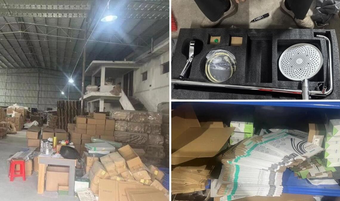 In einer Lagerhalle in der Provinz Guangdong haben Hansgrohe und chinesische Ermittler gefälschte Duschköpfe, Wasserhähne  und Verpackungen gefunden.