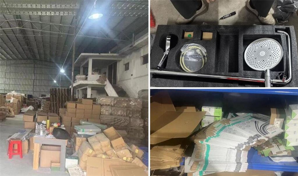 In einer Lagerhalle in der Provinz Guangdong haben Hansgrohe und chinesische Ermittler gefälschte Duschköpfe, Wasserhähne  und Verpackungen gefunden.