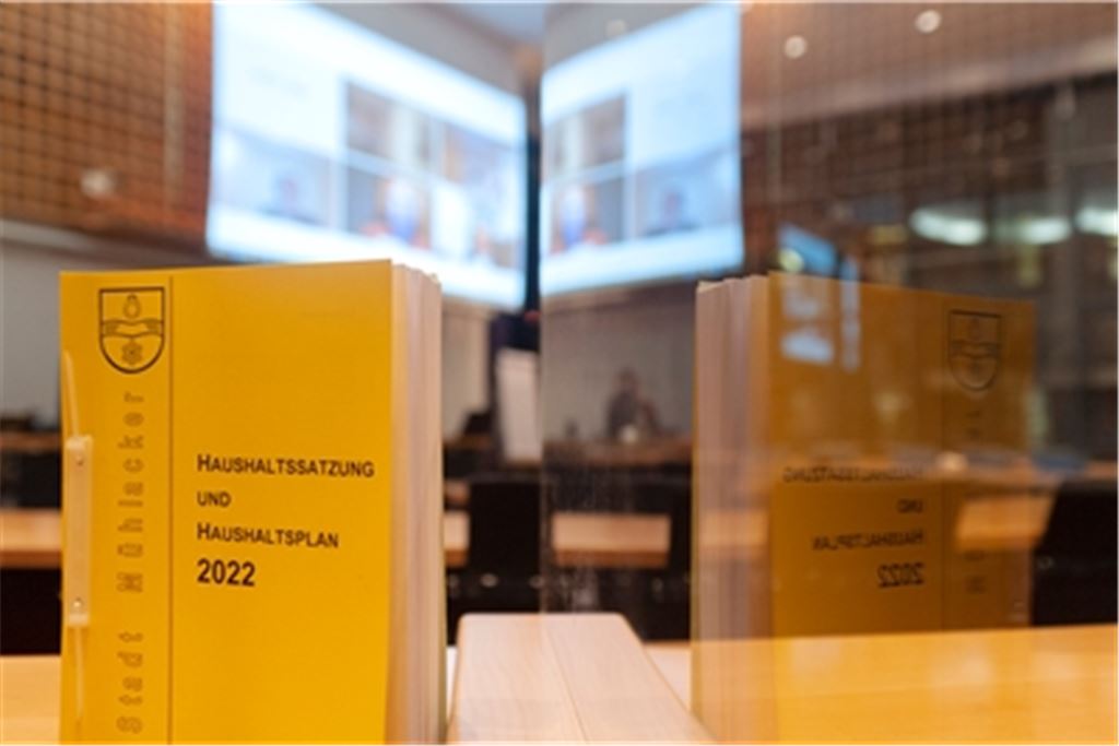 In einer Videokonferenz, die in den Ratssaal übertragen wird, verabschiedet der Gemeinderat den neuen Haushaltsplan. Foto: Fotomoment