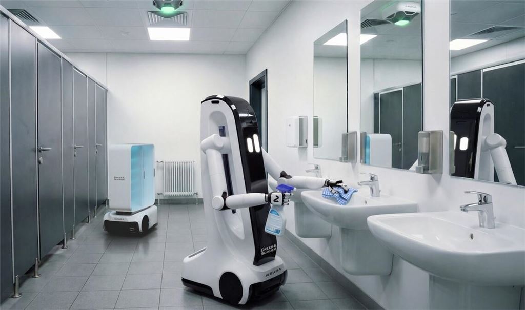 Intelligente Gebäude  und Roboter interagieren  –  hier in einem Sanitärraum