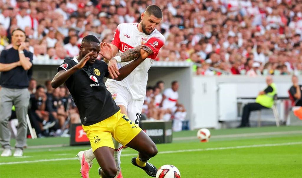 Intensives Duell: Jeff Chabot (rechts) gegen den früheren Stuttgarter Serhou Guirassy, der mit dem BVB alle drei Punkte mitnahm.