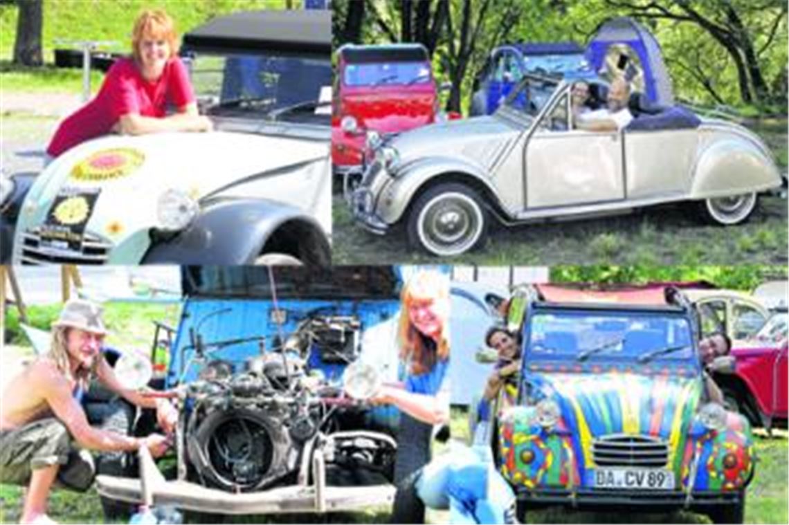 Jede Ente hat einen eigenen Charakter und sagt viel über 
seinen Besitzer aus (im Uhrzeigersinn): Nicht nur Katja Galbavy aus Mühlacker ist gegen Atomkraft, auch ihre Ente würde lieber heute als morgen abschalten. Die Ente von Claus und Anita Köhler hingegen ist ein Luxusweibchen.
 Sie kutschiert ihre Besitzer oben ohne, dafür mit Vollausstattung. Und manche bunte Hippie-Ente hat ihre Menschen verkuppelt. So haben sich etwa Sibylle Eck 
und Jens Rollacker beim Ententreffen kennen und lieben gelernt. Einige Enten sind hingegen echte Bastelbuden. Dafür zicken die 2CVs nicht mit Elektro- und Steuerungsmurks. Mit Hammer und Schraubenschlüssel lässt sich jeder Defekt beheben. Fotos: Hansen
