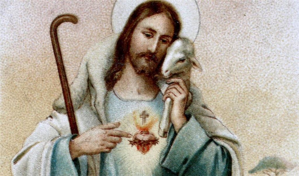 Jesus, der gute Hirte (Heiligenbildchen um 1900):  Das Osterlamm ist ein Symbol –  ein Zeichen dafür, dass Jesus unschuldig gestorben ist, um die Menschen vom Tod zu befreien.