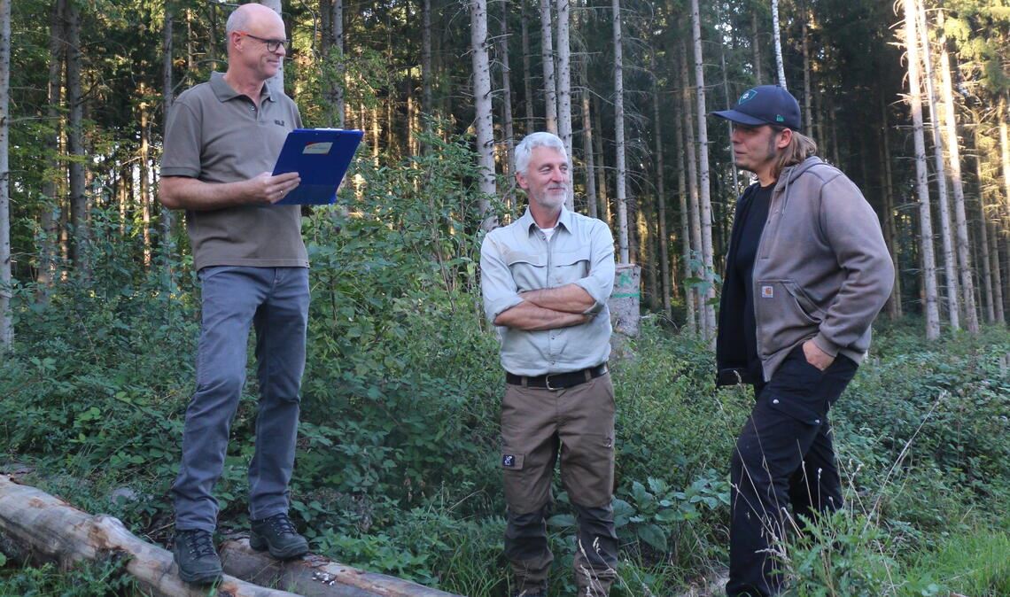 Joachim Hailer (li.) bei seinem letzten Waldbegang als Revierförster. Er übergibt das Amt an Alexander von Hanstein (re.). Forstamtsleiter Andreas Roth vom Landratsamt gibt beim Rundgang mit Verwaltung und Gemeinderat zudem einen Überblick, der über den Wiernsheimer Forst hinausgeht. Fotos: Deeg