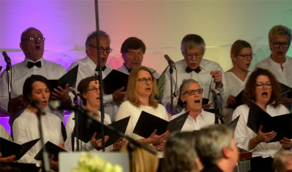 Jubiläumsauftakt: Der Projektchor der Harmonie Diefenbach singt, Bürgermeisterin Antonia Walch (re. oben) und Fördervereinschef Ernst Falk gehören zu den Festrednern. Fotos: Stahlfeld