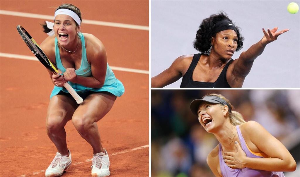 Julia Görges (links) bejubelt ihren Sieg 2011, Maria Sharapova (rechts unten) den Erfolg drei Jahre später. Weniger gut läuft es für Serena Williams 2008.