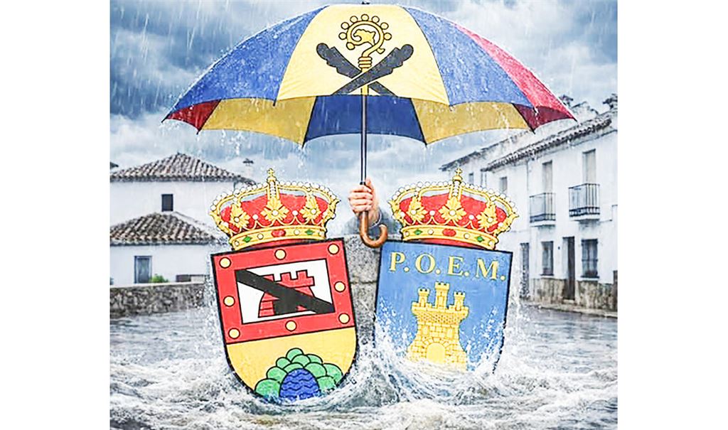 KI-Foto als Zeichen der Verbundenheit: Das rote Wappen mit der durchgestrichenen Burg gehört zu Benaoján, das blaue Montejaque. Auf dem Regenschirm ist das Knittlinger Wappen zu sehen. Foto: privat