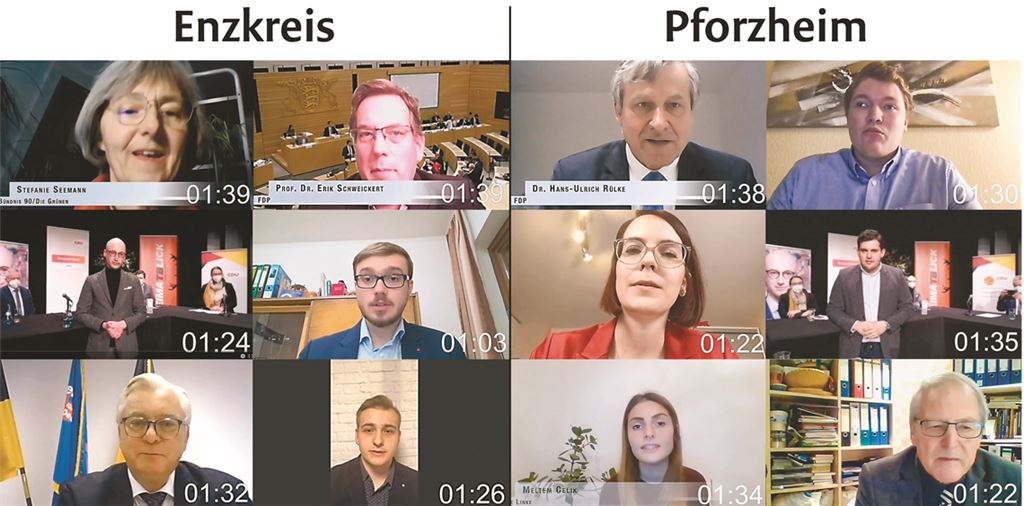 Kampf gegen den unerbittlichen Countdown: Die zwölf Kandidaten der sechs aussichtsreichsten Parteien der Wahlkreise Enzkreis und Pforzheim präsentieren sich online. Screenshots/Montage: Wewoda/MT