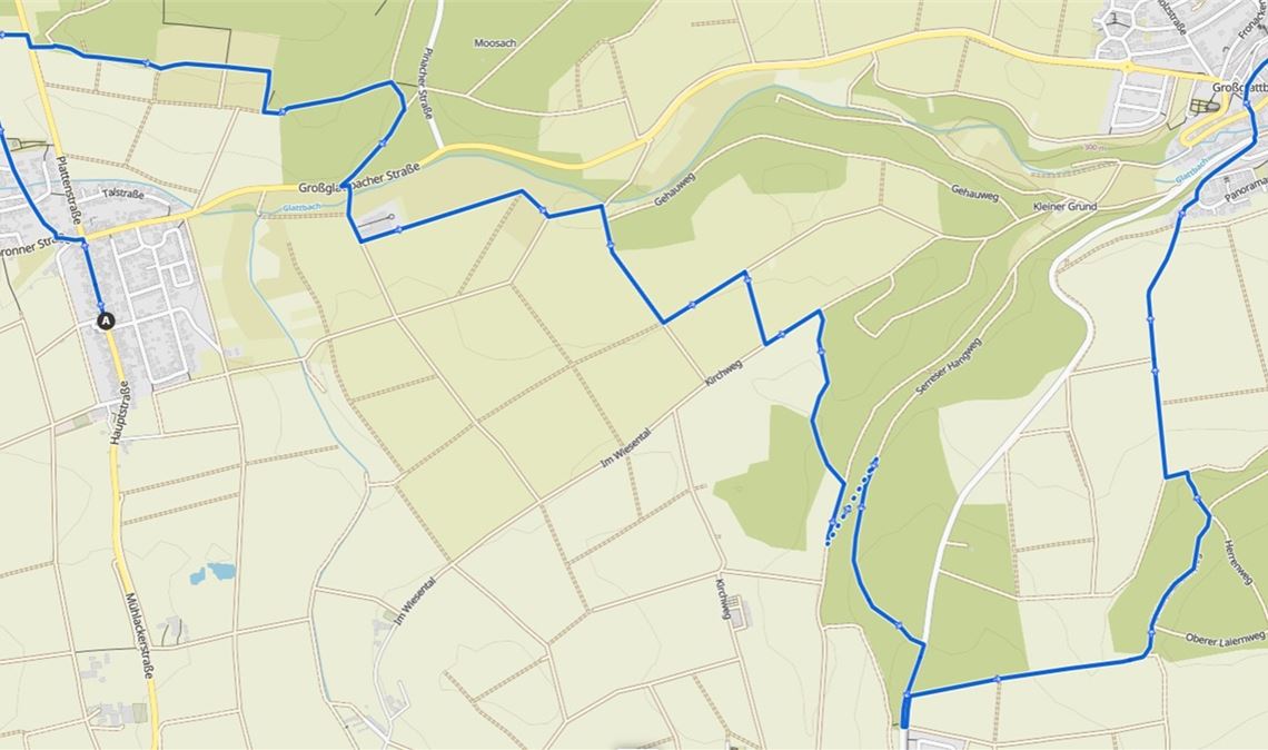 Wandern auf dem „Mühlackermer Weg“: Felder, Wälder, Glabbich Karte mit dritter Etappe des Weges.Leaflet | © Komoot | Map data © OpenStreetMap-Mitwirkende