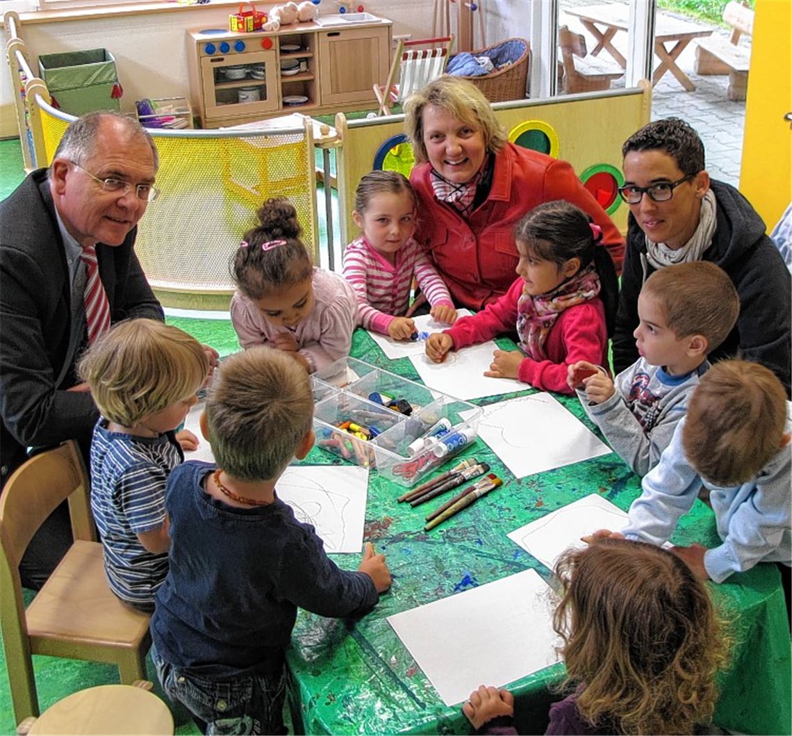Katja Mast (Mitte) mit Bürgermeister Norbert Holme, Leiterin Martina Schäfer und den Kindern des Waldkindergartens.
