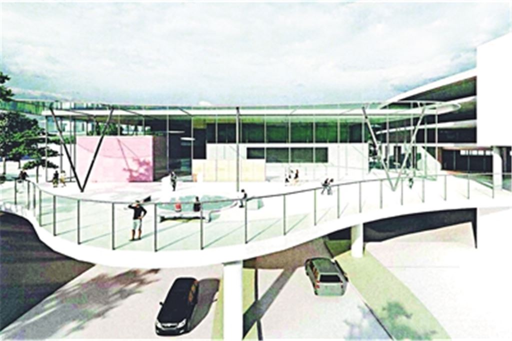 Kernstücke der Überlegungen für ein neues Stadtzentrum sind ein neues Wohn- und Geschäftshaus am Mühlehof-Standort und eine neue Stadthalle über der überdeckelten B10. Grafik: MESA