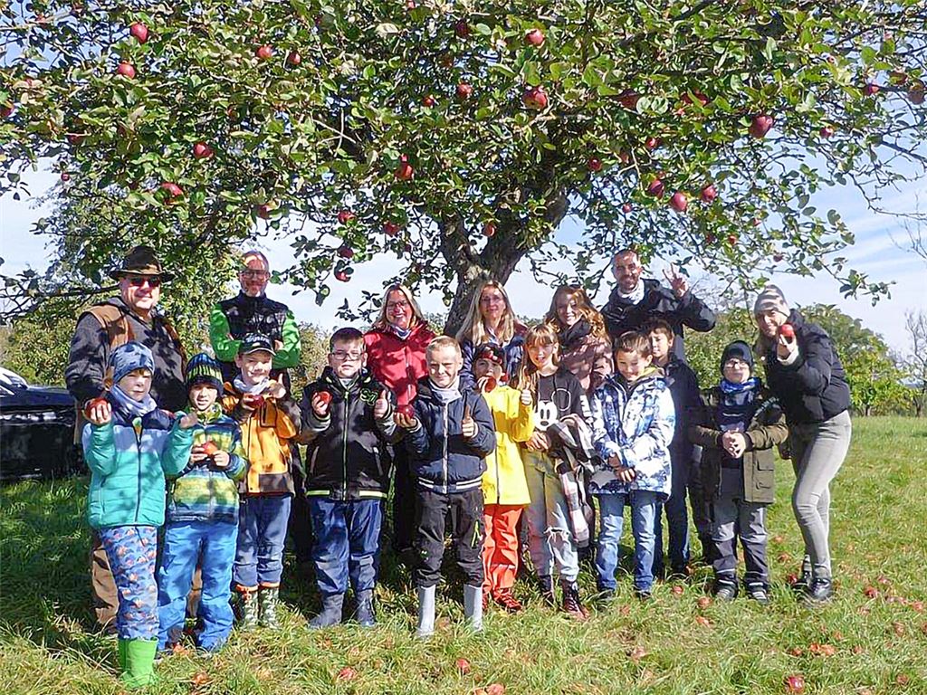 Kinder der Schule Enzberg erleben einen Unterricht auf der Obstwiese. Foto: privat
