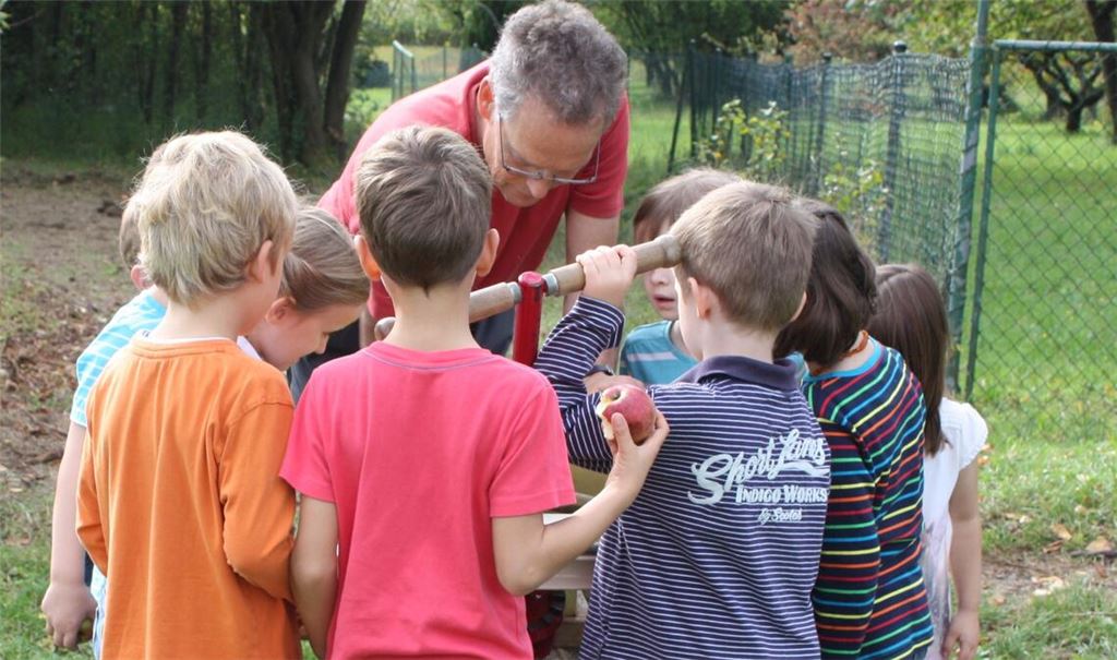 Kinder sind fasziniert, wenn im Herbst unter Anleitung eines Streuobstpädagogen aus Äpfeln Saft gepresst wird. Foto: enz/Reisch