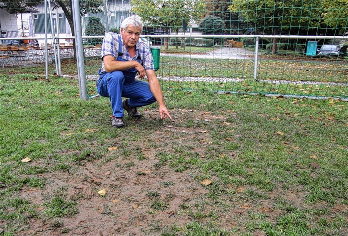 Klaus Senftleben vom TSV Mühlhausen ärgert sich: Unbekannte haben den gepflegten Fußballrasen vor dem Tor in eine rutschige Matschfläche verwandelt. Auch an anderen Stellen des Strafraums haben ungebetene Gäste ihre Spuren hinterlassen. 