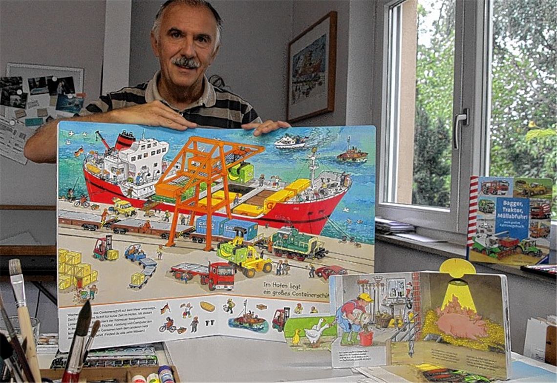 Kleine Details auf großem Format: Pünktlich zu Wolfgang Metzgers Doppeljubiläum – der Kinderbuchillustrator feiert 2013 seinen 60. Geburtstag und arbeitet seit 30 Jahren für Ravensburger – ist ein „riesengroßes Such-Bilderbuch“ rund um Fahrzeuge erschienen.