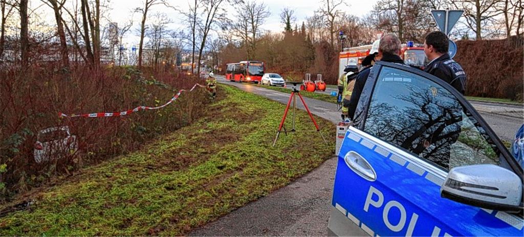 Kleinwagen im Gestrüpp: Unfallaufnahme am Kreisel zwischen Mahle und Lienzingen. Foto: Recken