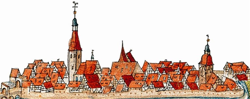 Knittlingen, hier eine im Jahr 1580 von Andreas Kieser festgehaltene Ortsansicht, hat jede Menge Gebäude mit Geschichte zu bieten. Quelle: Landesarchiv Baden-Württemberg, Fotos: Fotomoment