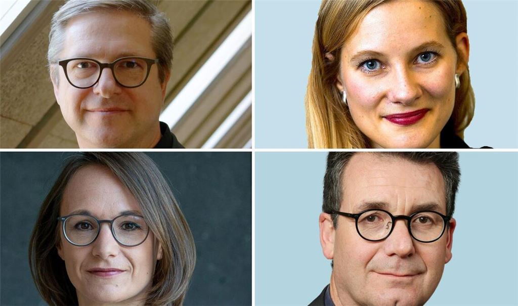 Kommunikationswissenschaftler Frank Brettschneider (links oben), Landespolitikredakteurin Annika Grah (links unten) und Landespolitikredakteur Reiner Ruf diskutieren nach der Landtagswahl miteinander. Moderiert wird von Eva-Maria Manz.