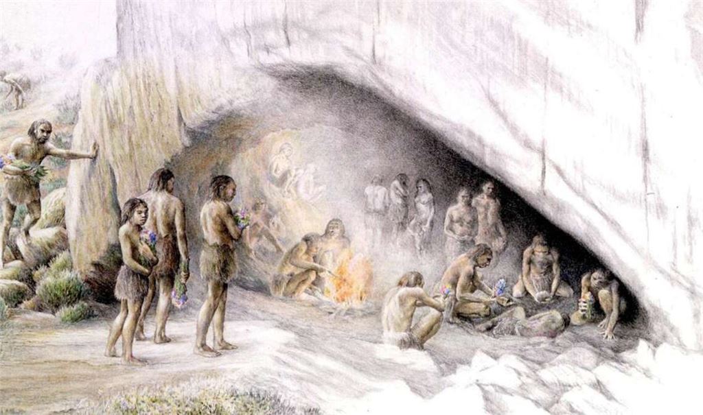 Künstlerische Darstellung einer Neandertaler-Sippe vor ihrer Höhlenbehausung.