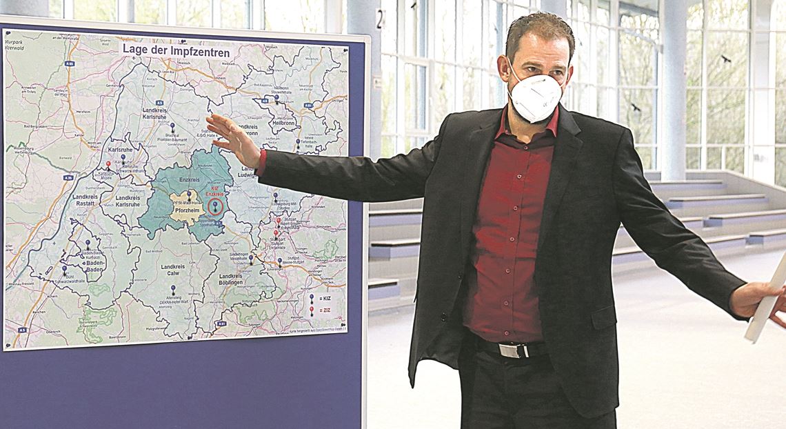Impfungen: Kreis mobilisiert alle Kräfte Landrat Bastian Rosenau sieht sein Kreisimpfzentrum auf der Karte „allein auf weiter Flur“: Auch für viele Bürger angrenzender Landkreise wird Mönsheim der kürzeste Weg zur Impfung sein. Wewoda