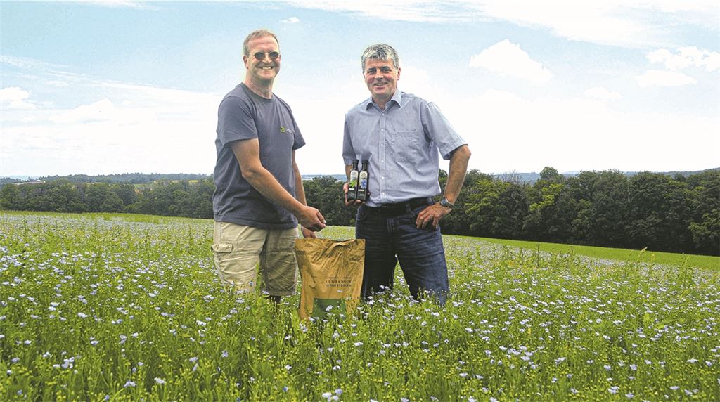 Landwirt Frank Bäuerle (li.) und Ölmüller Jürgen Krauth wecken bei einer Felderbegehung das Interesse an einer alten und fast vergessenen Kulturpflanze, dem Lein.Stahlfeld