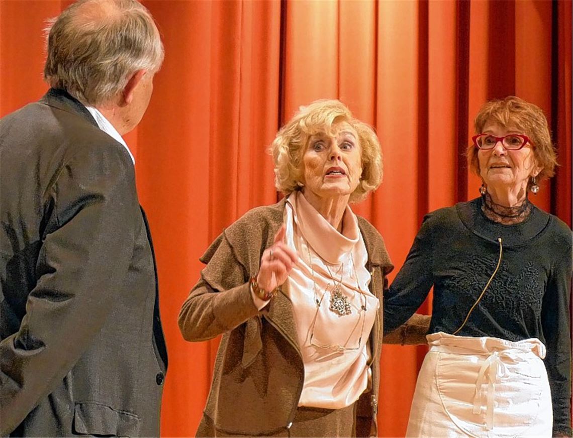 Lebhafte Mimik, lebhafte Truppe: Die Schauspieler der Seniorentheatergruppe „Eulenspiel“ aus Pforzheim haben sich mit „Zur Nachteule“ selbst ein Stück passend auf den Leib geschrieben. Die Besucher in der Ötisheimer Erlentalhalle können sich ein Bild davon machen.