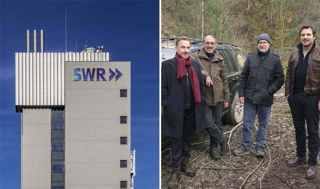 Links: Das SWR-Funkhaus, rechts: Dreharbeiten zum Stuttgart-Tatort „Lucys Geburtstag“