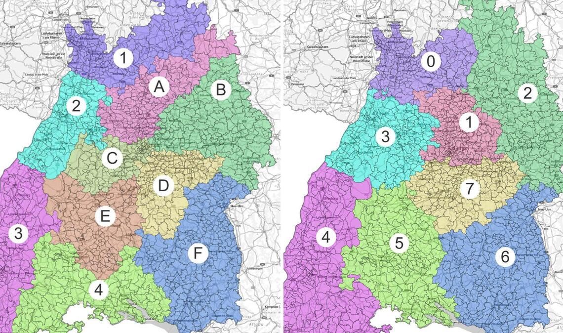 Badener und Württemberger wollen gemeinsame Sache machen Links die bisherigen Bezirke von badischem und württembergischen Tennisverband. Rechts der Entwurf für die möglichen neuen Regionen.
