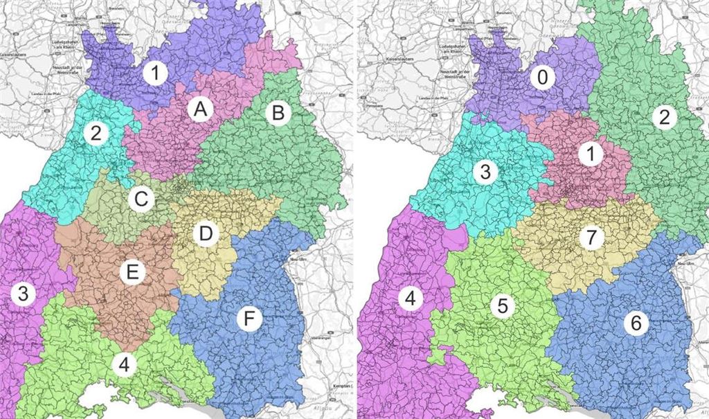 Links die bisherigen Bezirke von badischem und württembergischen Tennisverband. Rechts der Entwurf für die möglichen neuen Regionen.