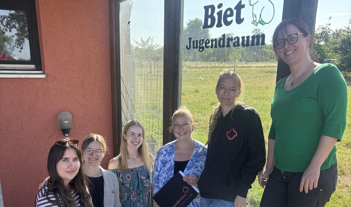 Lisanne Seemann, Eva Gnam, Annabell Klaus-Karwisch, Larissa Goth, Kristina Heidenreich und Katrin Busson (v. li.) von „Miteinanderleben“ – vor dem Jugendraum in Neuhausen – sind sich einig: Vielfalt in der offenen Kinder- und Jugendarbeit ist ein Gewinn für alle. Foto: Bischoff-Krappel