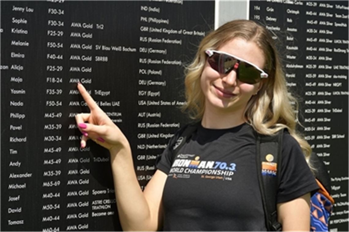 Mühlacker Triathlon-Talent startet beim Ironman in Dubai Maja Falkiewicz ist derzeit in Dubai, wo nach dem Alterklassen-Sieg im vergangenen Jahr ihr Name auf der Tafel steht. Nun startet sie dort erneut beim Ironman 70.3. Foto: privat