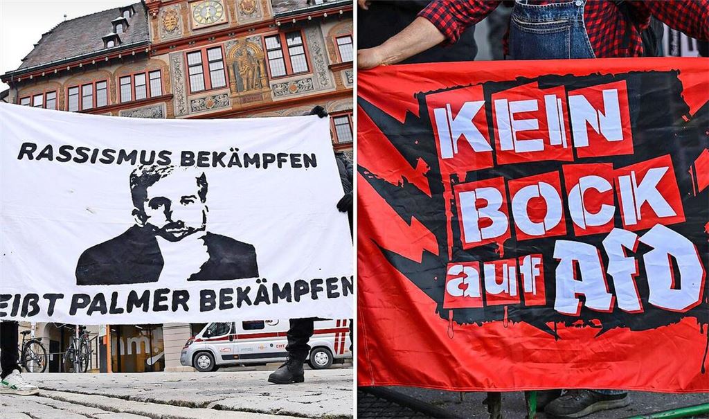 Manche in Tübingen bezeichnen Boris Palmer als Rassisten, wie Aktivisten mit einem Banner nach einem Facebook-Post des OB im Jahr 2021 deutlich machen (links). Ähnliche Vorwürfe erhält der Ex-Grüne jetzt auch wegen des geplanten Streitgesprächs mit der AfD. (Symbolbilder)