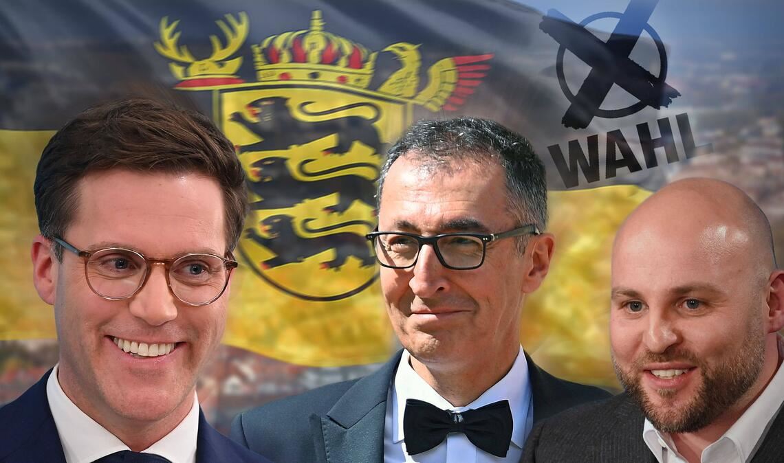 Manuel Hagel (CDU), Cem Özdemir (Grüne) und Markus Frohnmaier (AfD) wollen Ministerpräsident werden.