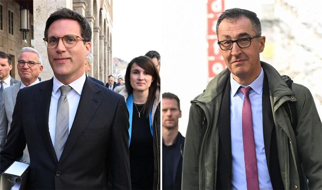 Manuel Hagel und Cem Özdemir auf dem Weg zu den ersten Gesprächen.