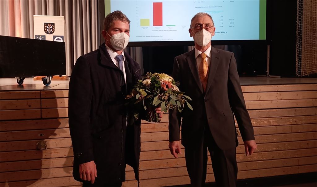 Matthias Enz (li.) wird neuer Bürgermeister von Wiernsheim. Der Vorsitzende des Wahlausschusses, Wolfgang Hanisch, gratuliert ihm offiziell. Foto: Deeg