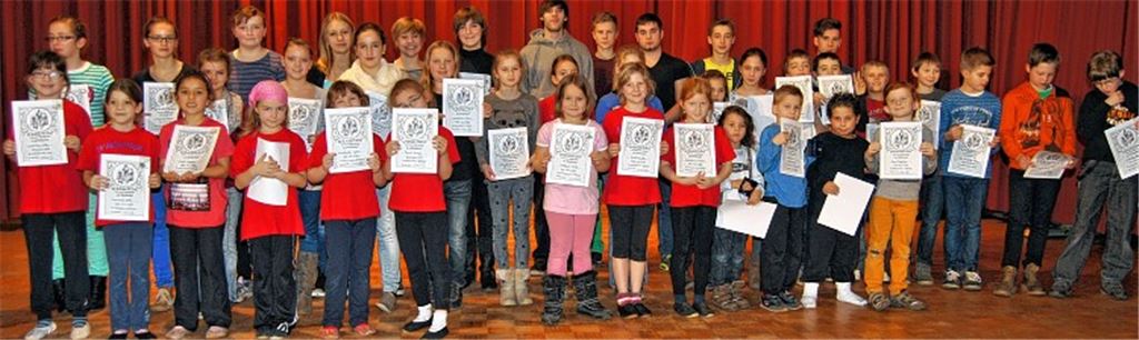 Mehrkampfnadeln in Gold, Silber und Bronze erhalten die erfolgreichen Leichtathleten des TV Hohenklingen. 